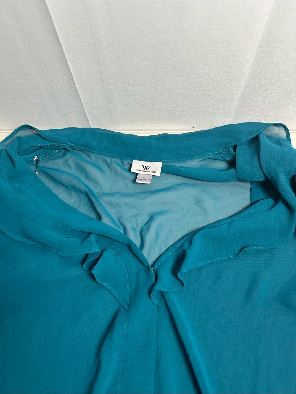 Worthington Teal Ruffle V-Neck Blouse with V neckline - Picture 10 of 10